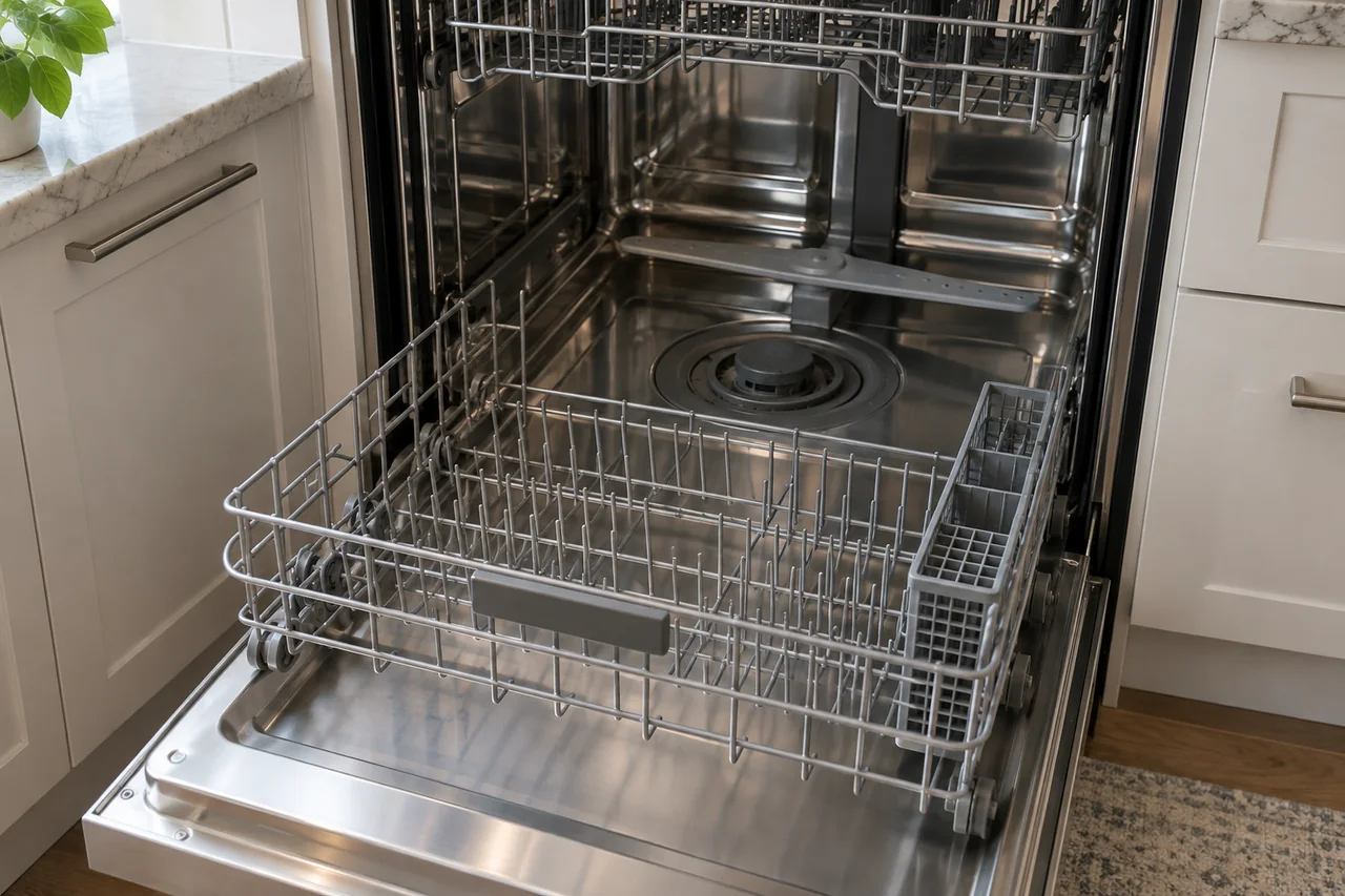 Open dishwasher with its lower rack pulled forward and filter area visible.