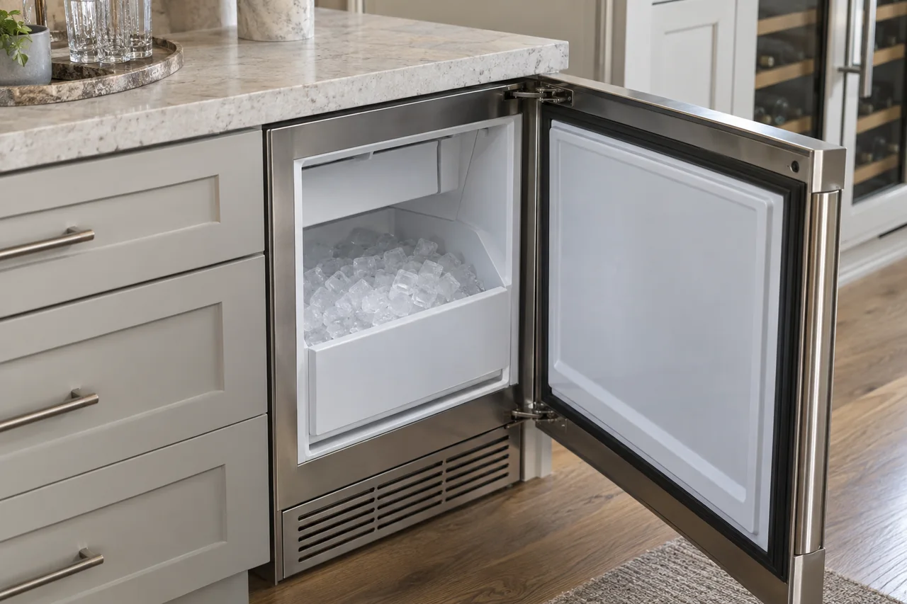 Open undercounter stainless ice maker showing its bin of ice cubes.