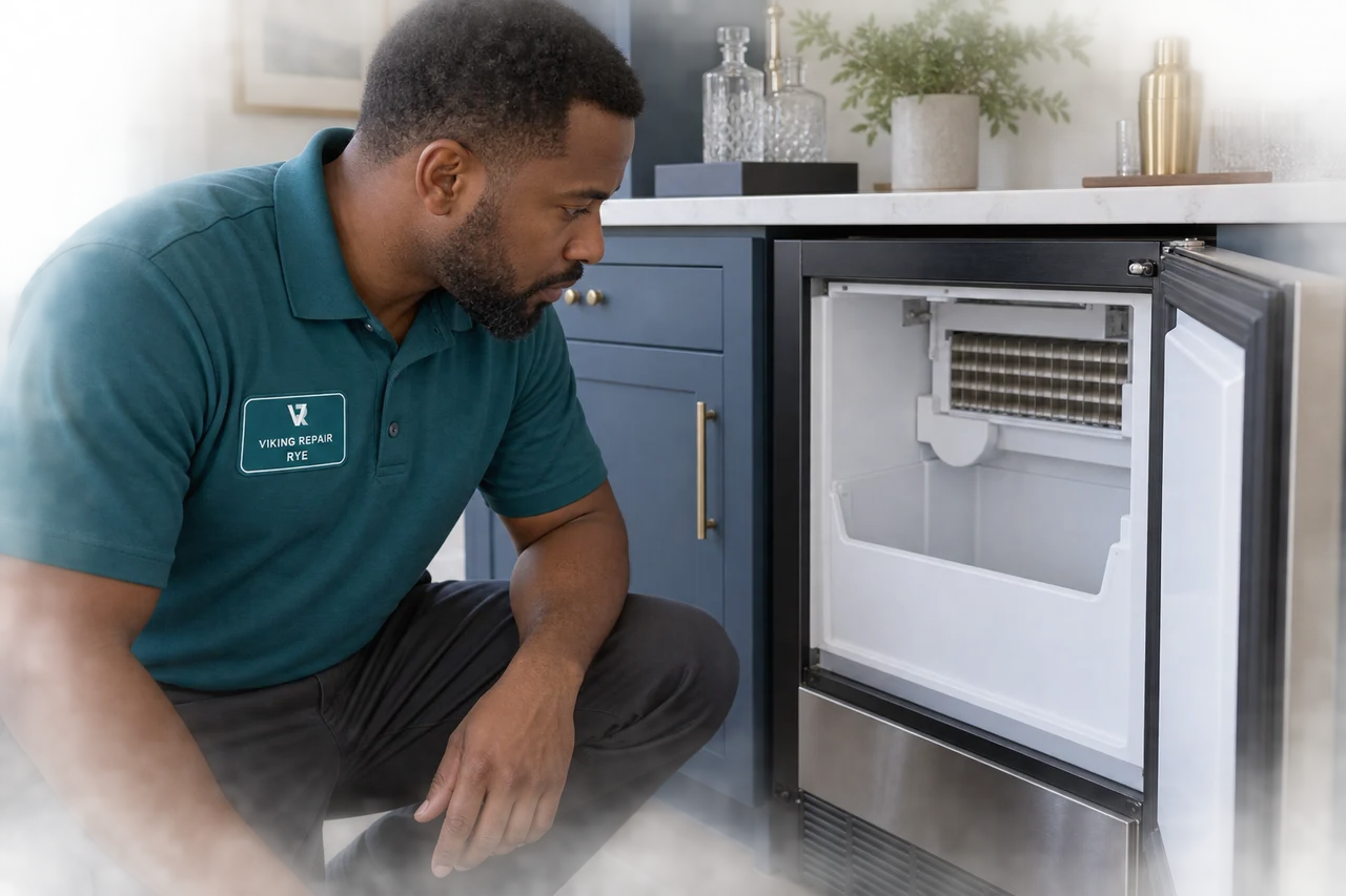 Illustrative technician inspecting an empty ice machine in a Rye uniform.
